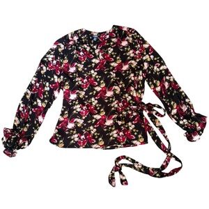 Chaps Wrap Front Blouse Tie Closure Ruffled Sleeves Floral Red and White Size XL